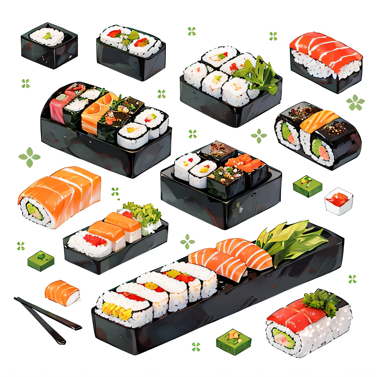 Many types of food,full view,Clear background,sushi