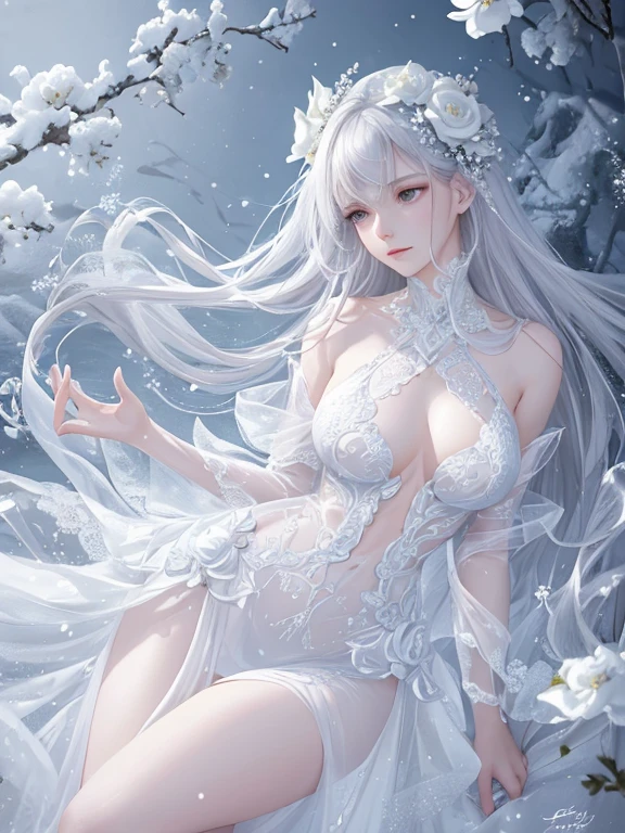 Paradise in Heaven, White lighting,(muste piece), (best quality), (cinematic), 8K, (art station),(長いwhite hairとSilvery eyesを持つ1人の女), (beautiful delicate face)、[Frozen trees々], [landscape crystal], [lighting], [Ethereal Atmosphere:1.1], [fantasy, short story] ,[soft なlighting] 、(+cinematic shot:1.2)、 [+art station] 、[+luminous white background] 、 [soft glow] 、(Creative and dynamic angles:1.3), [+Crystal Toning] 、muste piece, very detailed, Super detailed, solo, (pale skin), Silvery eyes, white hair, (snow background), (snowflake rosen flower:1.0), (shining crystal), (Snowy ground), (White lashes), sexy woman、dreamy and detailed, Gorgeous setting, 妖しい雰囲気 muste piece, The most beautiful scenes, majestic、(((full of white flowers)))、quiet and serene atmosphere、attractive, all white tones,Inside the crystal library,Transparent flowers and falling snow，Many white roses are planted,(water flowing,waterfall,water bloom),The decoration is also carefully done.,dream（very detailedです，creative design，crisp and precise lines，K HD，best quality，master piece，超High resolution，In 4K）、Diverse poses、((beautiful white flower hair ornament))、beautiful hairstyle、(best quality, In 4K, 8K, High resolution, muste piece:1.2), Super detailed, detailed expression, graceful posture, expressive brush strokes, mysterious atmosphere, artistic interpretation,Delicate floral jewelry， (((Detailed design、beautiful lace transparent dress、see-through small dress)))、(SFW:1.5), (oversized breasts, best body proportions, proportions of large breasts,:1.5),(white decoration on thigh)、((Beautiful crystal accessories on the legs))。((Beautiful crystal accessories on the arm))
