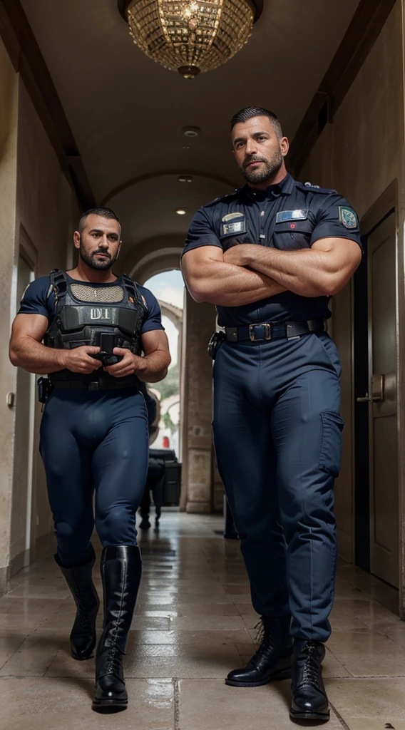 Masterpiece, highest quality, Ultra-Realistic, one man, full body shot, Italian policeman, italian, italian police uniform, rugged, muscular, big biceps, big forearms, bodybuilder body, hairy, very short hair, buzz cut hairstyle, masculine, manly, serious, patrolling, police boots, police gloves, looking directly at viewer, rugged face, Chiselled face, dimple in chin, buzz cut, big bulge, highly detailed realistic police uniform:1.5), (big bulge:1.5), patrolling, ((full body shot)), rugged, masculine, manly, muscular!, hairy, tall, 40 years old, full stubble beard, ((tight police uniform)), hairy!!, muscles!!, sweaty, dominating, alpha male, nsfw, ((Italian carabinieri police uniform)), burly, hairy and big forearms, big biceps, bodybuilder body, smiling, ((carabinieri)), (carabinieri blacl tall boots)