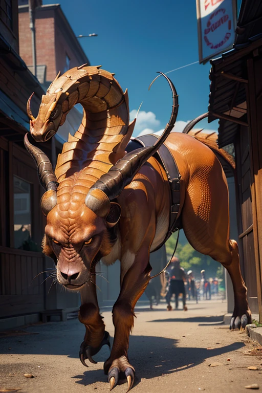 (best quality,4k,8k,highres,masterpiece:1.2),ultra-detailed,(realistic,photorealistic,photo-realistic:1.37),fantasy,mythical creature,snake body,ram horns,a monkey head,shiny hair,scorpion tail,charging towards the audience,lines