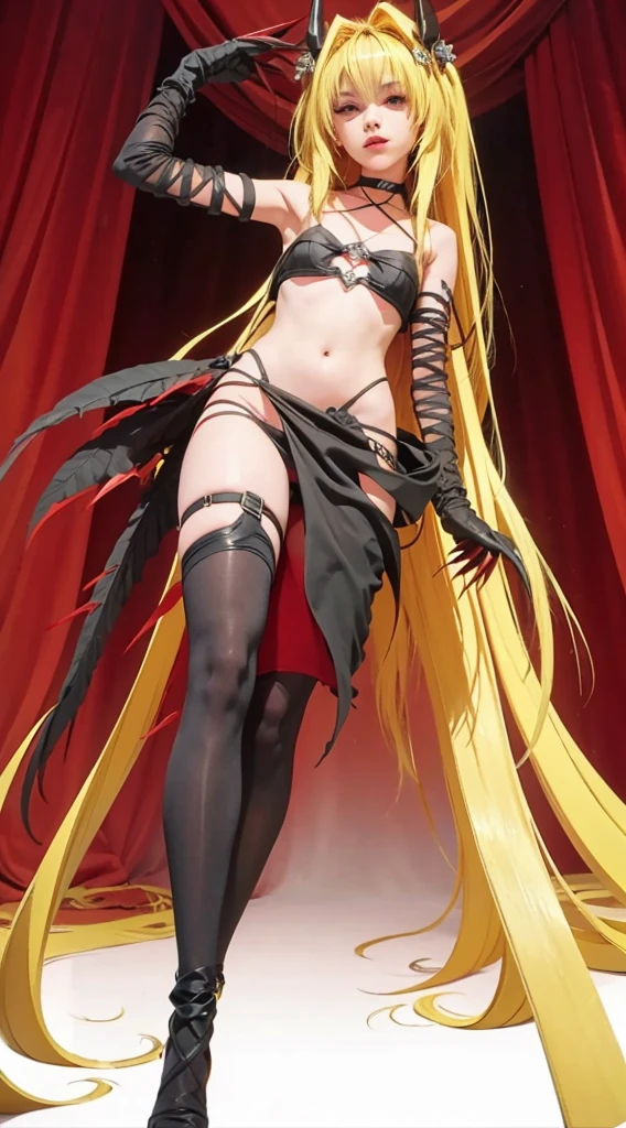 DarknessLora, blonde hair, red eyes, very long hair, horns, claws, choker, hair intakes, loincloth, ((bottom perspective))