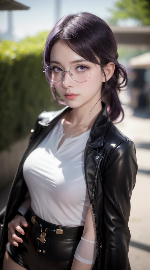 (photorealistic:1.4), raw photo, 1girl, purple eyes, purple hair, (eyewear on head), stellaron hunters outfit, black jacket, jacket on shoulders, shirt, shorts, pantyhose, boots,deep shadow, detailed face, detailed eyes, depth of field, bokeh, vibrant details, finely detailed, hyperrealistic, 35mm film, hazy blur,upper body,, masterpiece,ultra realistic,32k,extremely detailed CG unity 8k wallpaper, best quality