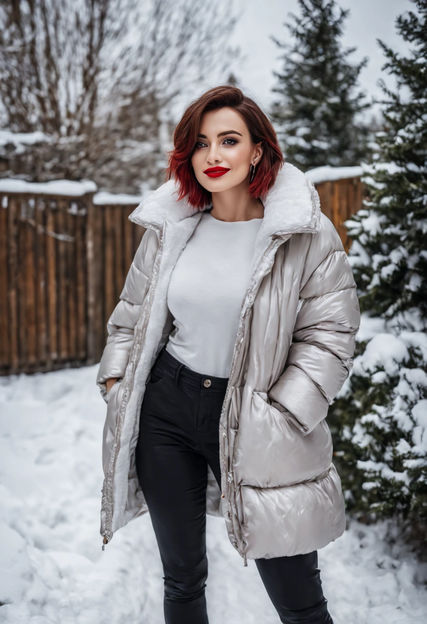 ultrarealistic high quality photo of a beautiful young busty european woman with cute face and dyed brown sidecut long messy bob and beautiful seductive smile, realistic eyes, freckles, glossy red lips, smokey eyes makeup, casual clothes with shiny long puffer coat, back view full body outdoor photography, posing in the snowy winter backyard