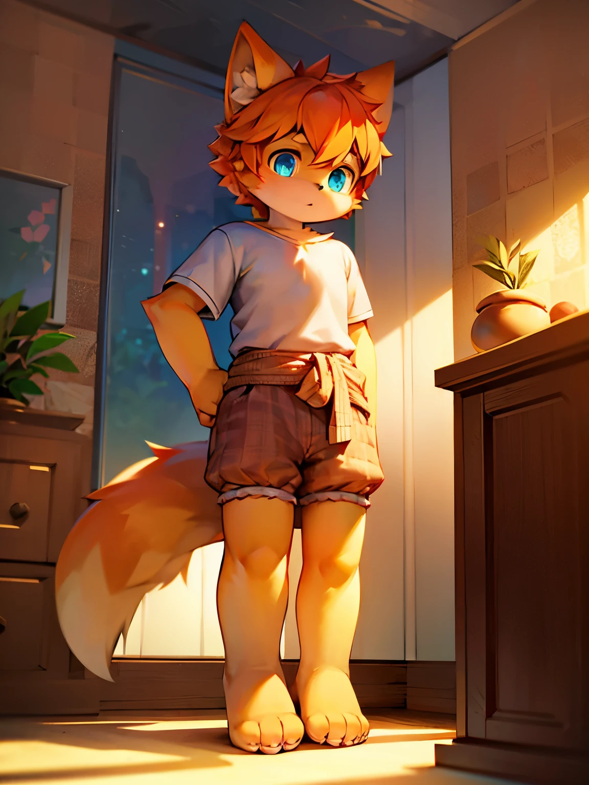 blue pupils, hairy body, fluffy tail, Boy cat,beautiful wallpaper,very cute,Orange hair,P station popular styles,One role solo,Light cute plush little long legs,Exquisite real clothes,3D feeling is very strong, cute feet,Standing posture,Minimalist background,Hands at the waist,Look at it from a positive perspective