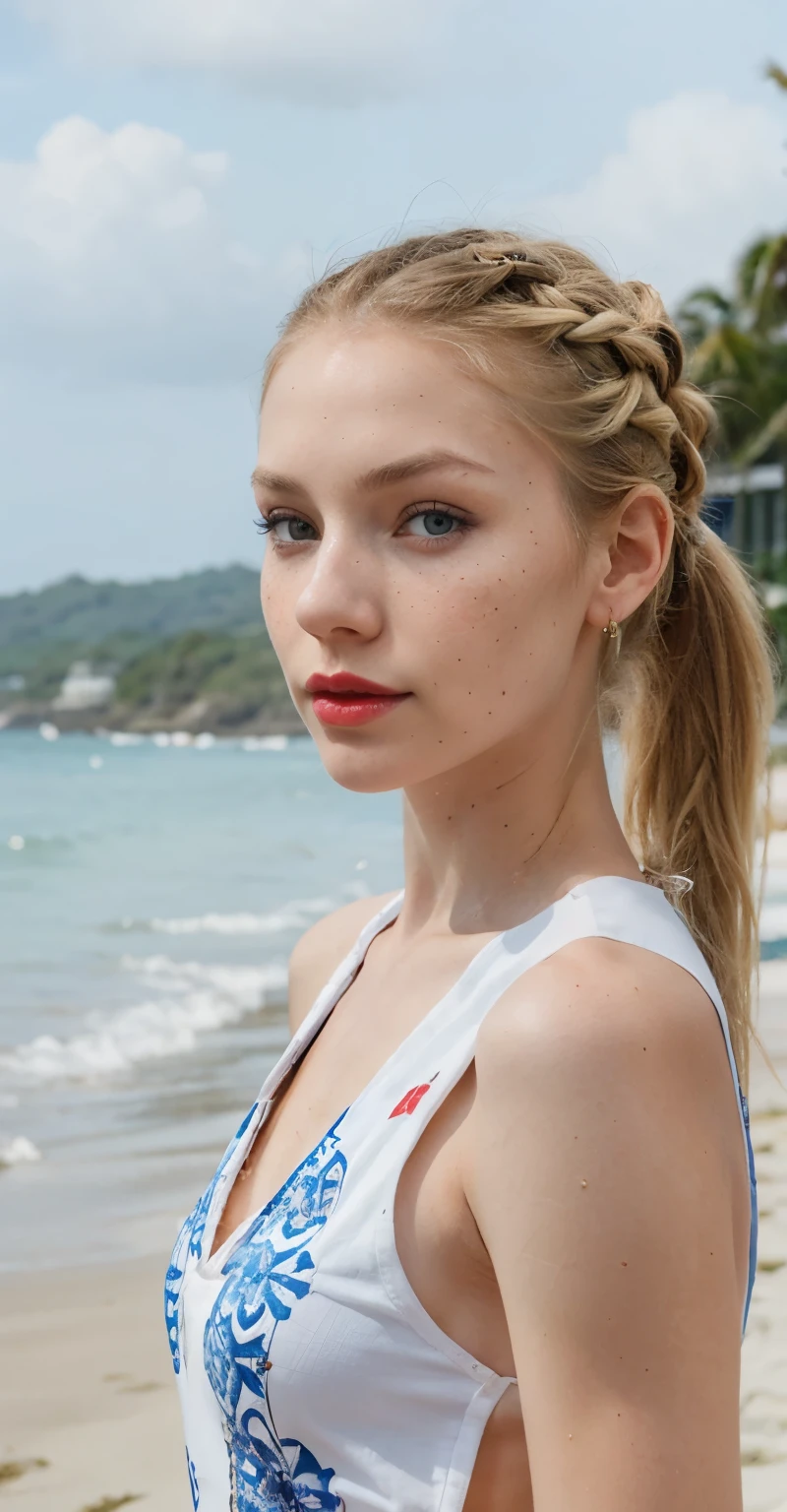 Beautiful skinny girl, elongated face and thin chin, freckles, blonde, blue eyes, red lipstick, beautiful makeup, white skin, with patterned top , shorts, in the beach , ponytail hair, with tatoo 