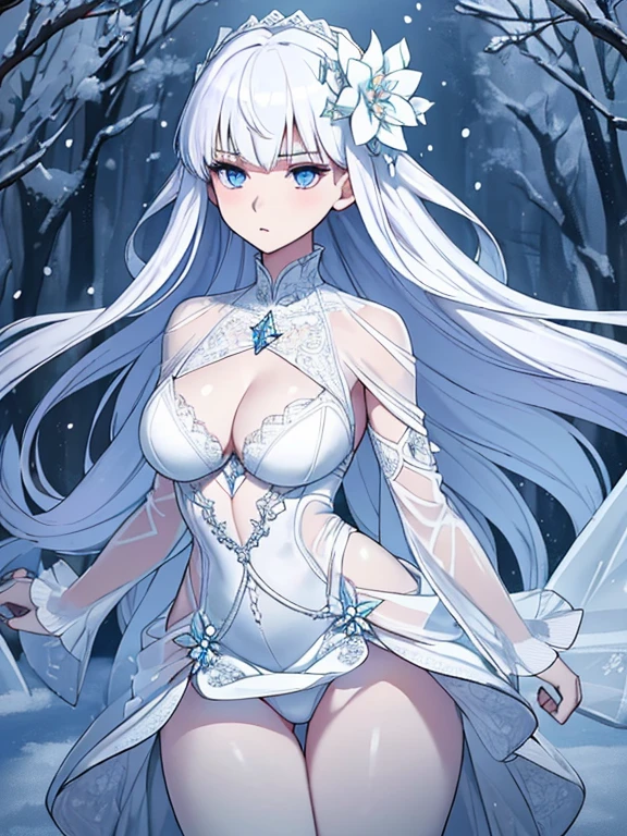Paradise in Heaven, White lighting,(muste piece), (best quality), (cinematic), 8K, (art station),(長いwhite hairとSilvery eyesを持つ1人の女), (beautiful delicate face)、[Frozen trees々], [landscape crystal], [lighting], [Ethereal Atmosphere:1.1], [fantasy, short story] ,[soft なlighting] 、(+cinematic shot:1.2)、 [+art station] 、[+luminous white background] 、 [soft glow] 、(Creative and dynamic angles:1.3), [+Crystal Toning] 、muste piece, very detailed, Super detailed, solo, (pale skin), Silvery eyes, white hair, (snow background), (snowflake rosen flower:1.0), (shining crystal), (Snowy ground), (White lashes), sexy woman、dreamy and detailed, Gorgeous setting, 妖しい雰囲気 muste piece, The most beautiful scenes, majestic、(((full of white flowers)))、quiet and serene atmosphere、attractive, all white tones,Inside the crystal library,Transparent flowers and falling snow，Many white roses are planted,(water flowing,waterfall,water bloom),The decoration is also carefully done.,dream（very detailedです，creative design，crisp and precise lines，K HD，best quality，master piece，超High resolution，In 4K）、Diverse poses、((beautiful white flower hair ornament))、beautiful hairstyle、(best quality, In 4K, 8K, High resolution, muste piece:1.2), Super detailed, detailed expression, graceful posture, expressive brush strokes, mysterious atmosphere, artistic interpretation,Delicate floral jewelry， (((Detailed design、beautiful lace transparent dress、see-through small dress)))、(SFW:1.5), (oversized breasts, best body proportions, proportions of large breasts,:1.5),(white decoration on thigh)、((Beautiful crystal accessories on the legs))。((Beautiful crystal accessories on the arm))