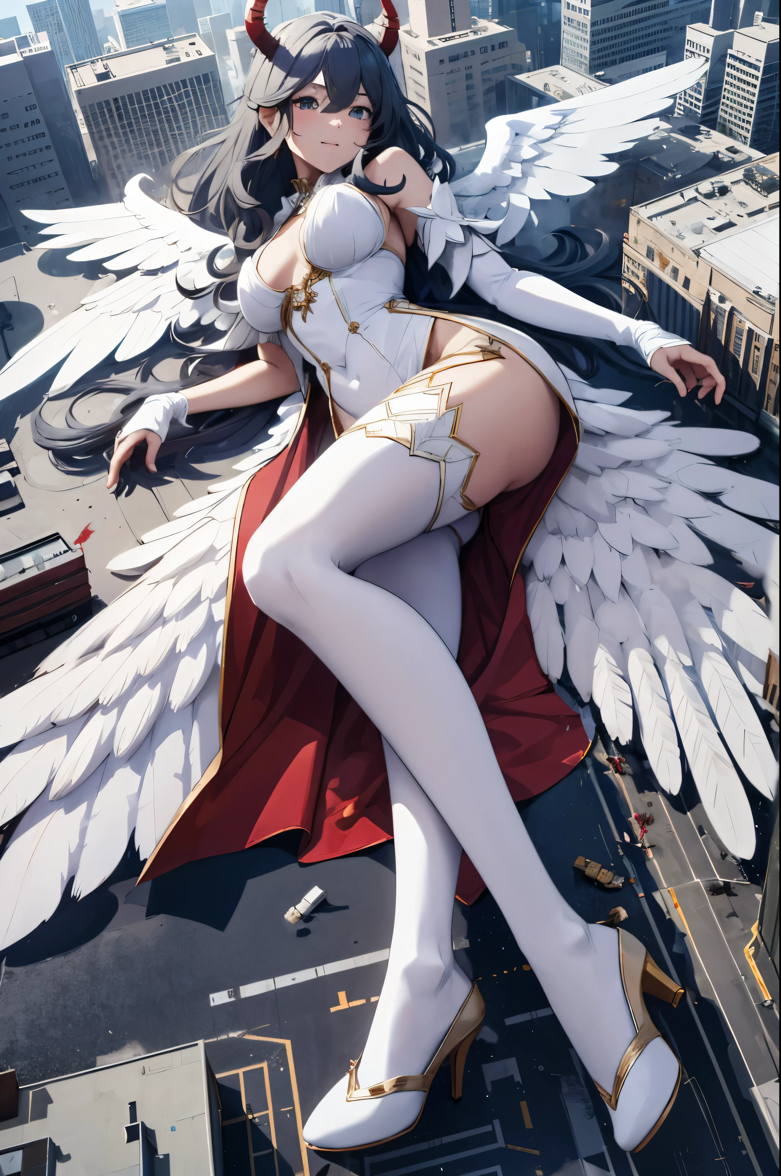 Aerial View,giant girl 50,000 feet high,Have a pair of long legs,Has a pair of huge angel wings,With huge devil horns on his head,Has waist-length white hair,loose hair,Wearing a pair of Mary Jane heels,white curly hair,lace gloves,lace pantyhose,蕾丝whole body,Standing upright on a tall building,城市到处是blood stains,Beautiful appearance,Exquisite makeup,quality,8k,高quality,(governor:1.5),Perfect proportion, Cinema lighting,film grain,Fuji colors,8k,textured skin,Super details,high detail,high resolution,explode,fake smile,blood stains,脚底有blood stains,whole body,Obese