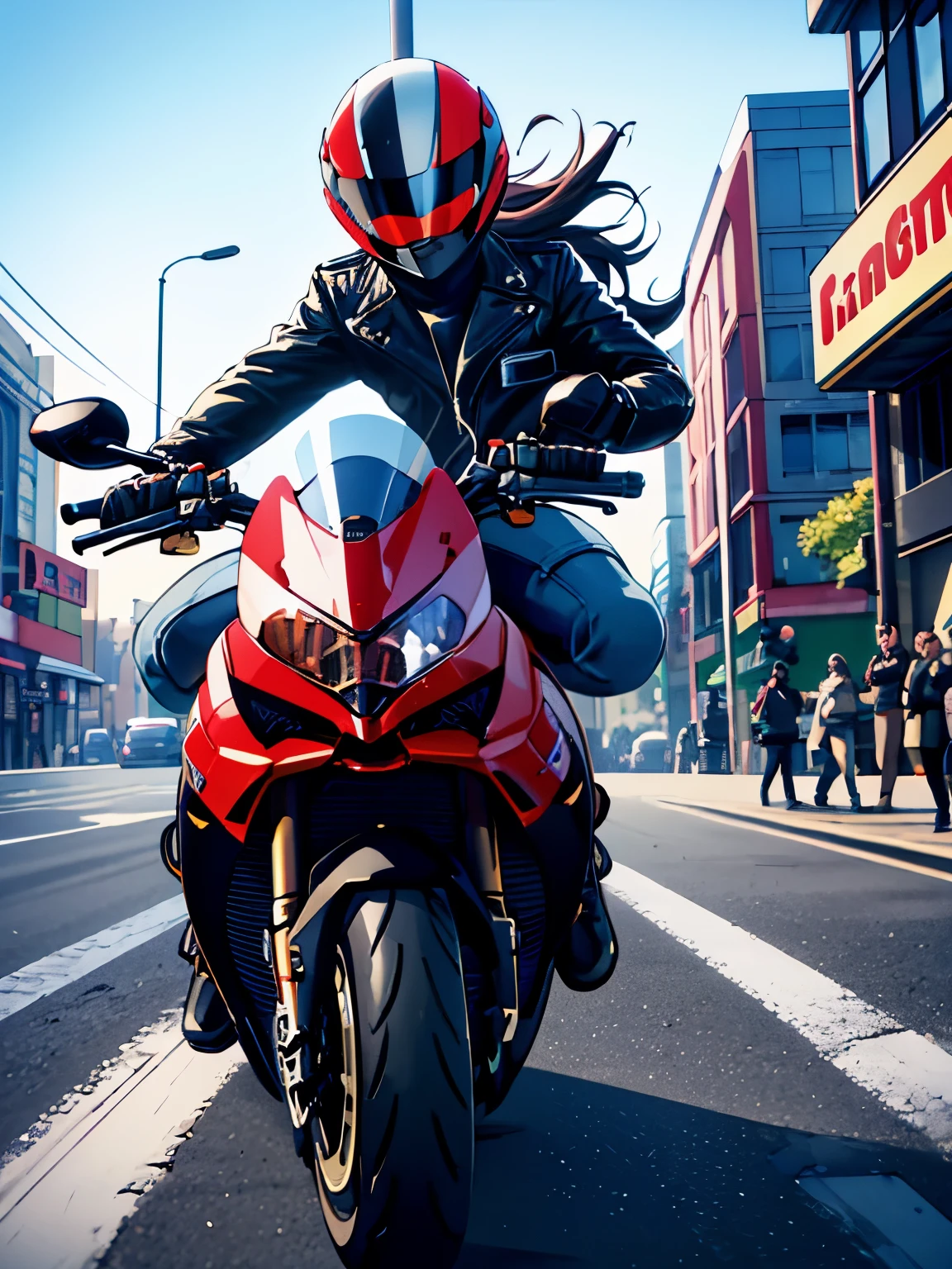 Ducati, 1 boy, detailed face and expression, riding Ducati, wind-blown hair, leather jacket, motorcycle helmet, urban setting, vibrant colors, street photography style, dynamic composition, strong lighting, fast motion, speed, adrenaline rush, cityscape, blurred background, high quality 4k resolution, detailed textures, metallic shine, powerful engine sound.