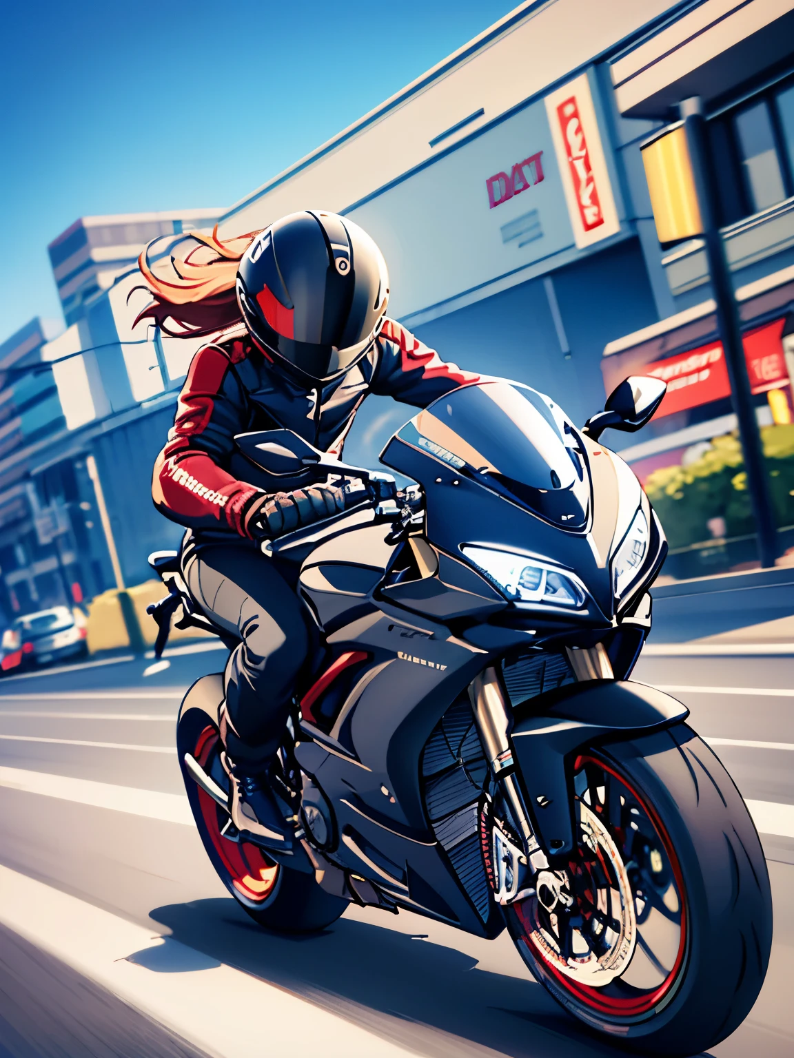 Ducati, 1 boy, detailed face and expression, riding Ducati, wind-blown hair, leather jacket, motorcycle helmet, urban setting, vibrant colors, street photography style, dynamic composition, strong lighting, fast motion, speed, adrenaline rush, cityscape, blurred background, high quality 4k resolution, detailed textures, metallic shine, powerful engine sound.