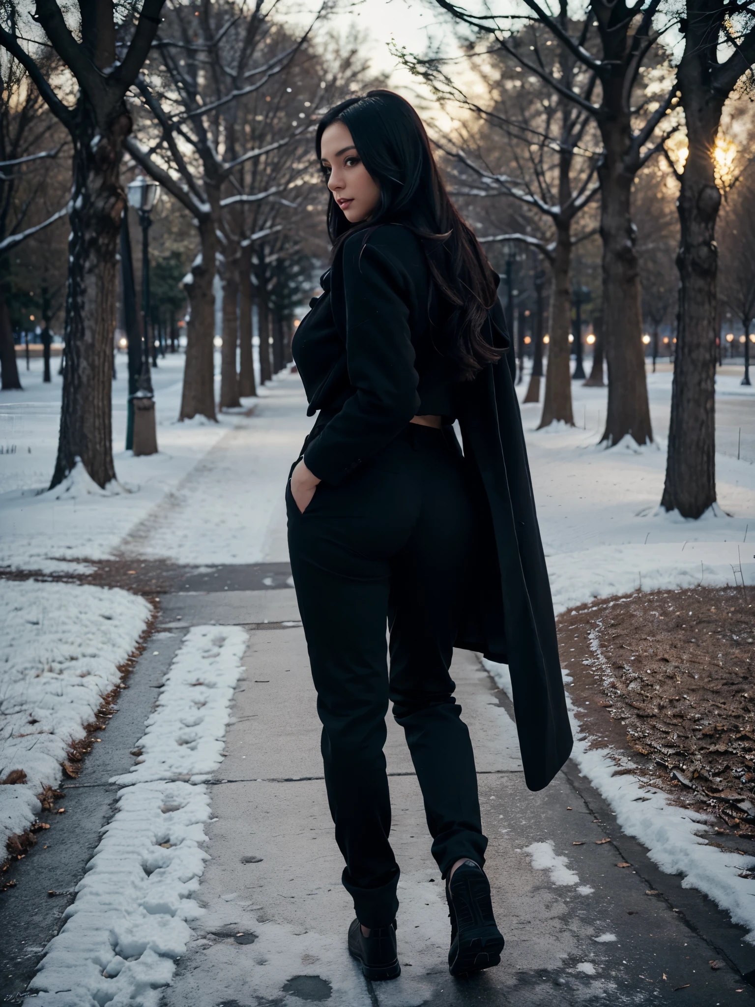 Woman walking in the park. Close photo. Long black hair. Wearing black coat, trousers and pulover. winter. Busty and big ass. Perfect body anatomy. Photorealistic. Realistic colors. Realistic lights. Masterpiece. Realistic anatomy. Highly detailed. Realistic details. High quality.