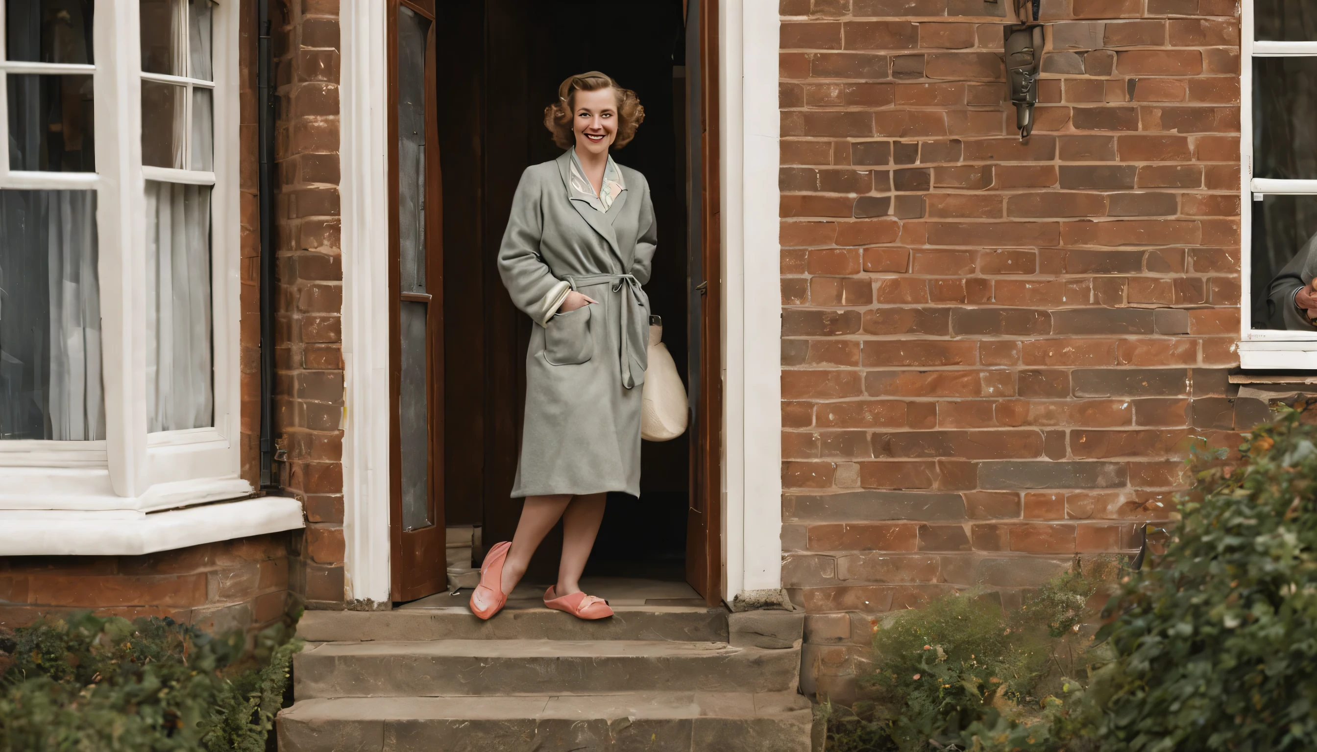 1940s frumpy English housewife on her doorstep in her dressing gown and slippers