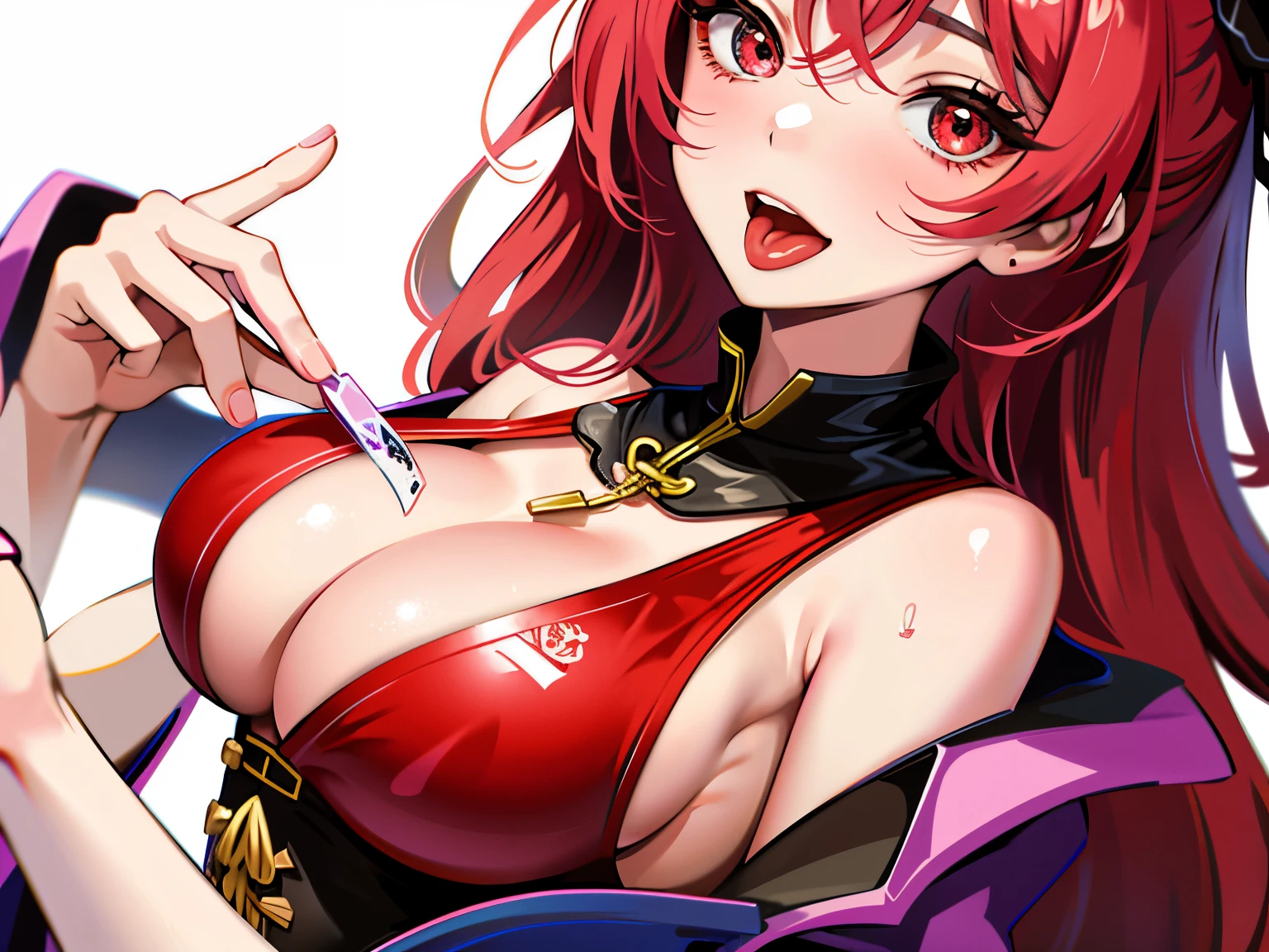 sticker、are the mainのsticker、1 demon girl、Akaoni、((Red skin、Super close-up of boobs、are the main、big breasts、Wet))、close up of breasts、Depiction of only breasts、tongue、長いtongue、tongueを突き出している、simple background、white background、
