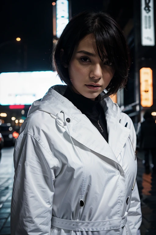   Eskimo girl, damsel in distress, genuine, raining, outdoor, one piece, short hair, layered hair, white cloth, futuristic, cyberpunk, extreme cold