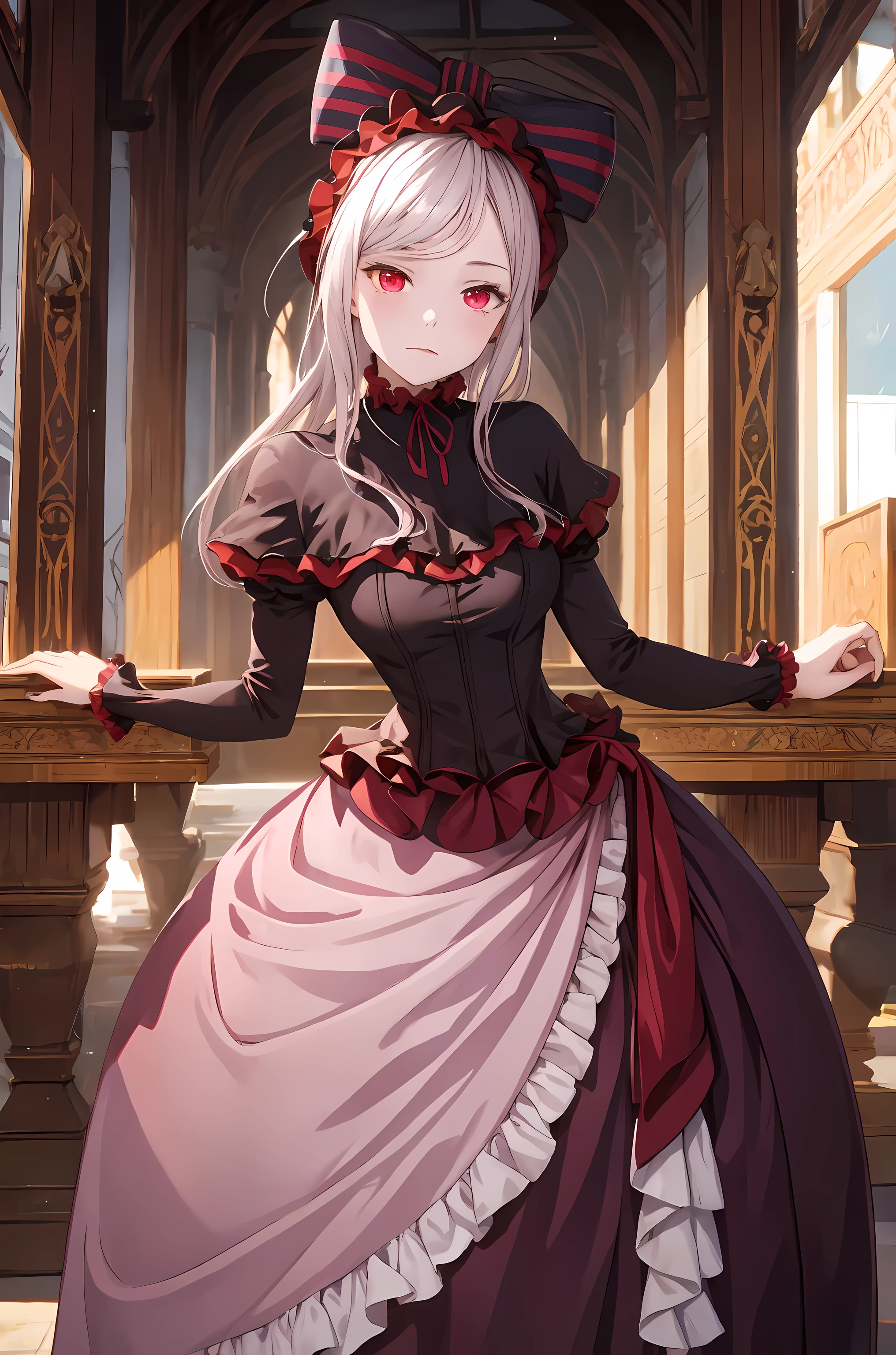 Shalltear V4, best quality, 1 girl, alone, skirt, decorate, bow, hair bow, direction, pale skin, luminescent, luminescent eyes, portrait, best quality, high resolution.