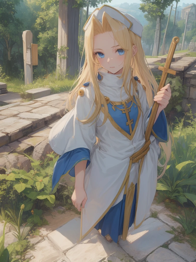 ((Mint Adnade from Tales of phantasia)), 1girl, solo, a priest, 18yo, blond long hair, ((straight hair)), deep blue eyes, Raising bangs, ((Forehead)), blue hat, ((blue long vestment)), have a oak cane, full body shot,
