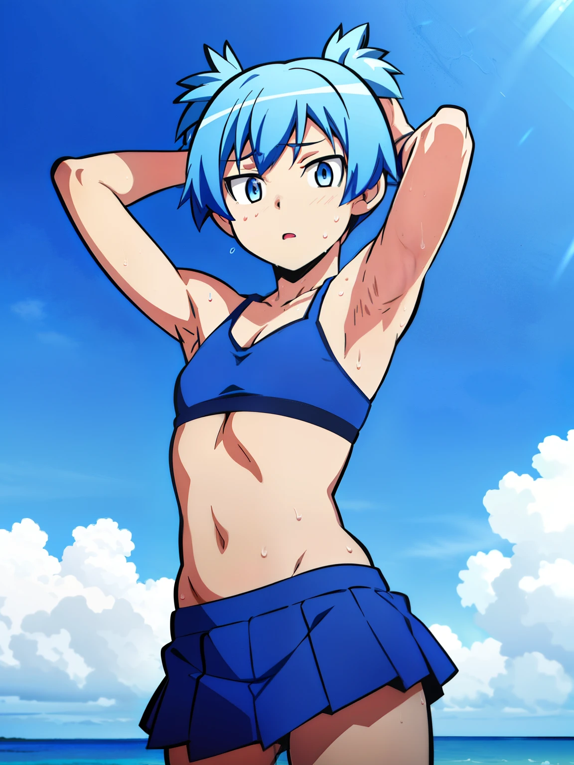 masterpiece, best quality, high quality, 1boy, solo, male focus, looking at viewer, Shiota_nagisa, Blue hair, Blue eyes, Short twintails, Shy, Sweat, Sport bra, Mini skirt, Beach, (Showing armpit:1.3),