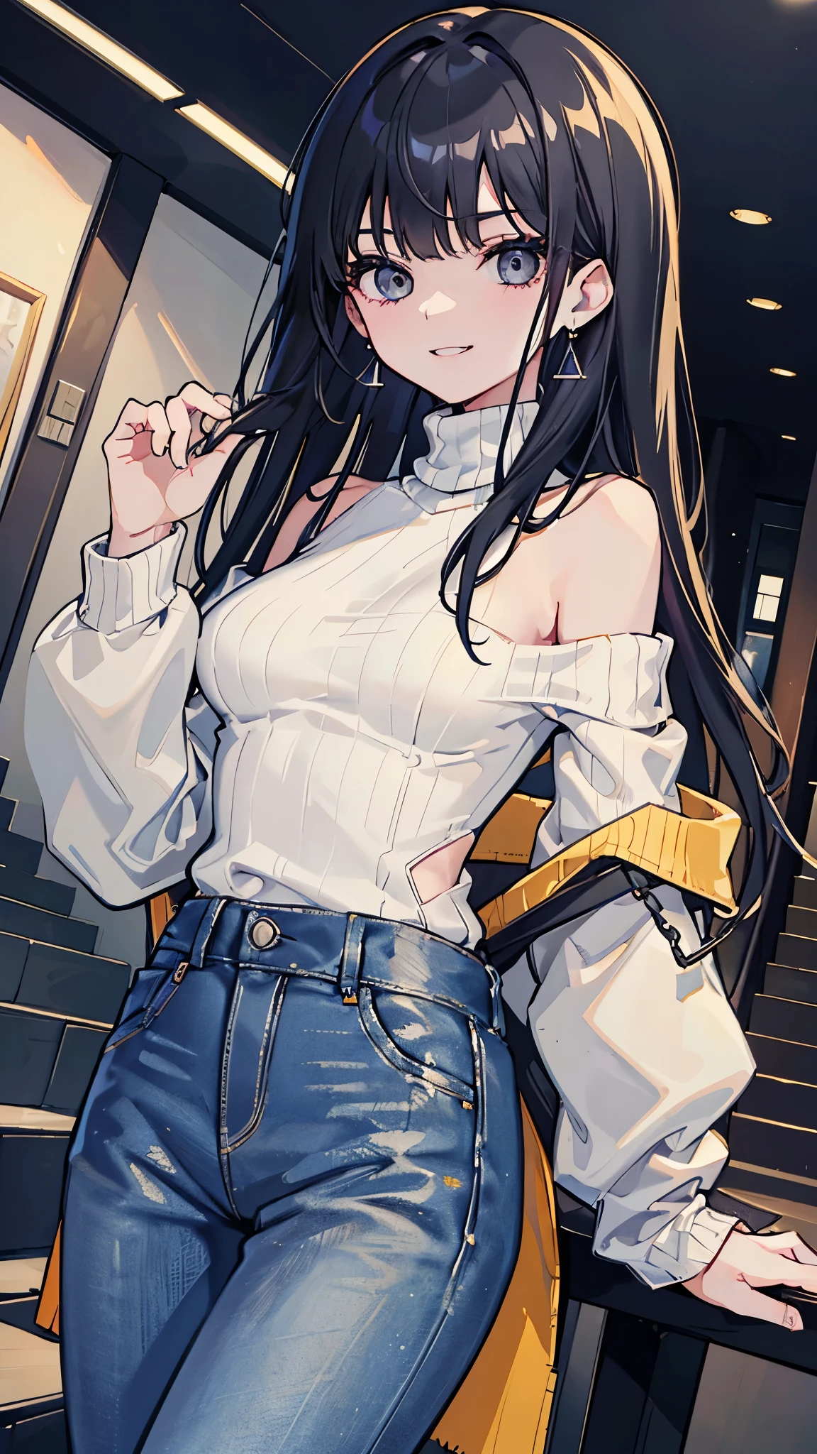 (8K、Highest image quality、highest quality、masterpiece)、detailed face、1 girl、black hair、loose hair、stray hair、blunt bang、gray eyes、earrings、evil smile、Moderate chest、Black Turtleneck Sweater、off shoulder、denim、long pants、cowboy shot、Staircase background、Take from below