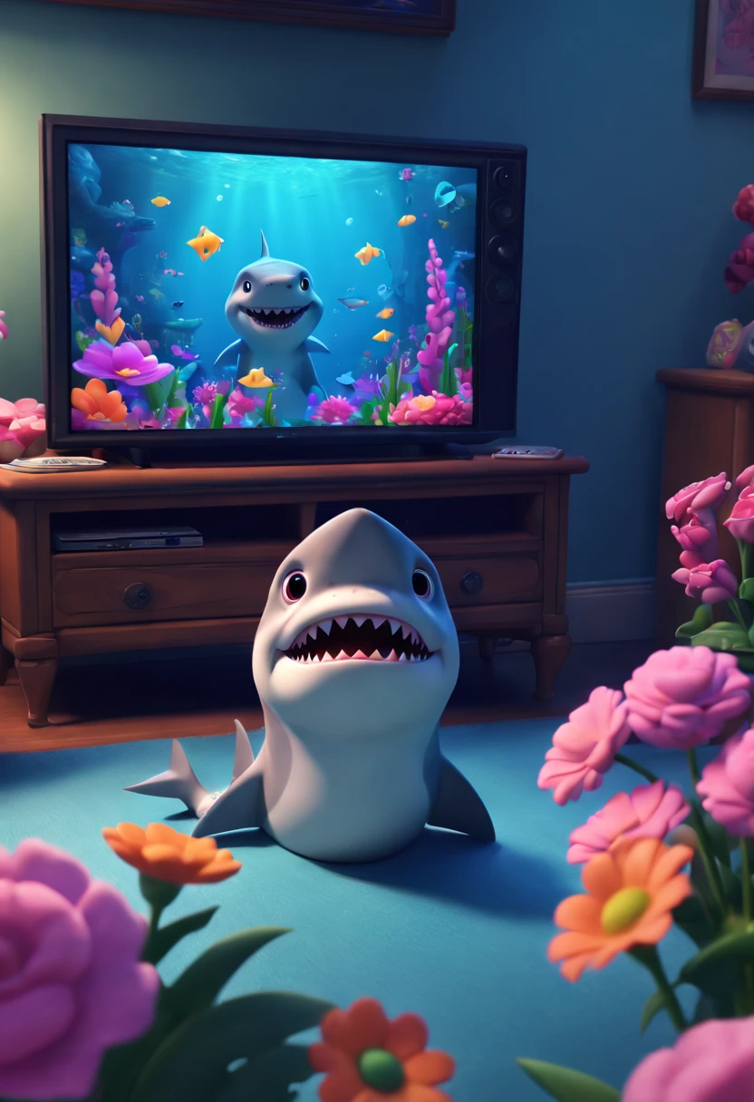 cartoon style, a undersea shark  watching tv, flowers on tv show, Disney Style, best quality, masterpiece, 8k