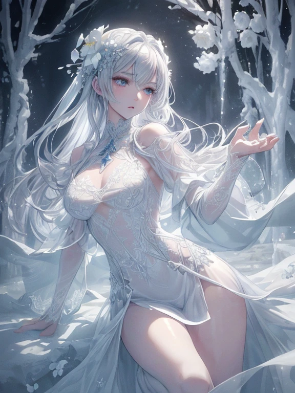 (Master piece), (Best Quality), (Cinematic), 8K, (Art Station), (A woman with long white hair and silver eyes), (Beautiful delicate face), Frozen trees, landscape crystal, lighting, (ethereal atmosphere:1.1), fantasy, short story, soft lighting, (cinematic shot:1.2), art station, luminous white background, soft glow, (creative Dynamic Angle: 1.3), Crystal Toning, (Heavenly Paradise), White Lighting,Masterpiece, Very detailed, Super detailed, Solo, (Pale skin), Silver eyes, White hair, (Snowy background), (Snowflake Rosen flower: 1.0), (Shining crystals), (Snow covered) ground), (white eyelashes), sexy woman, dream-like details, gorgeous setting, mysterious atmosphere Mastepiece, the most beautiful scene, majestic, (((full of white flowers: 1.0))), quiet and calm Atmosphere, charming, all white tones, inside the crystal library, transparent flowers and snow falling, lots of white roses planted, (flowing water, waterfall, water bloom),The decoration is also careful, dreamy, (very detailed, creative design, crisp and precise lines, K HD, top quality, masterpiece, super high resolution), various poses, ((beautiful white flower hair ornament) ), beautiful hairstyle, (best quality, 4K, 8K, high resolution, master piece: 1.2), super detailed, detailed expression, graceful posture, expressive brushstrokes, mysterious atmosphere, artistic interpretation, delicate Floral jewelry, ((((Detailed design, beautiful transparent dress made of thin fabric, thin mini-length dress that shows the skin))), (Extraordinary breasts, best body proportions, large breast proportions: 1.5), Expressive,Chignon