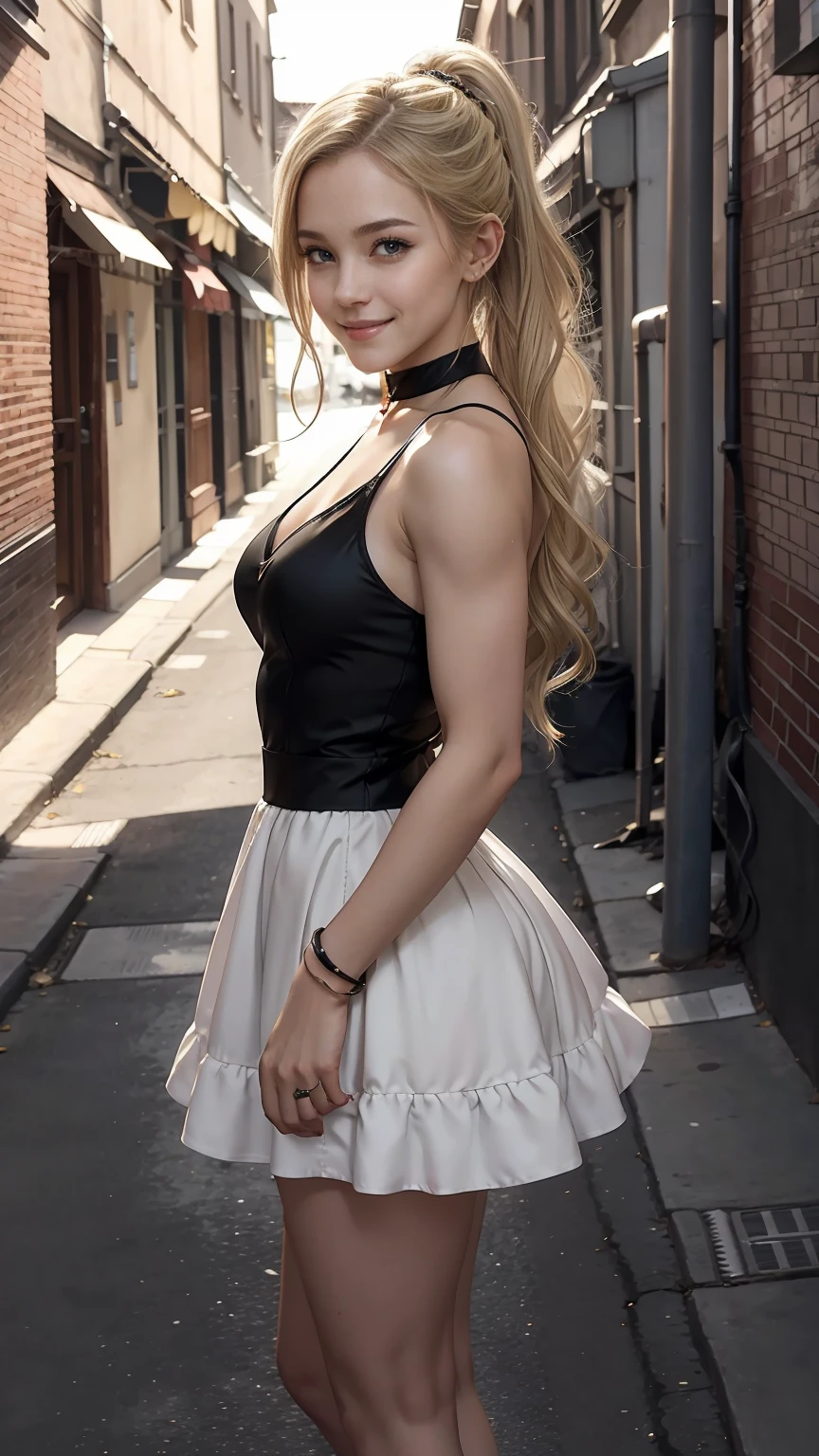 22 year old white female、hair color is blonde、eye color is blue、long hair、setting hair、Have a ponytail、accessories on wrist、I'm wearing a choker、skin is smooth、smile、Slender but muscular body、My heart is pounding、high resolution、Skin is shiny、Wearing a princess dress、wearing high heels、I'm in an alley in the old town、smile、hugging a streetlight