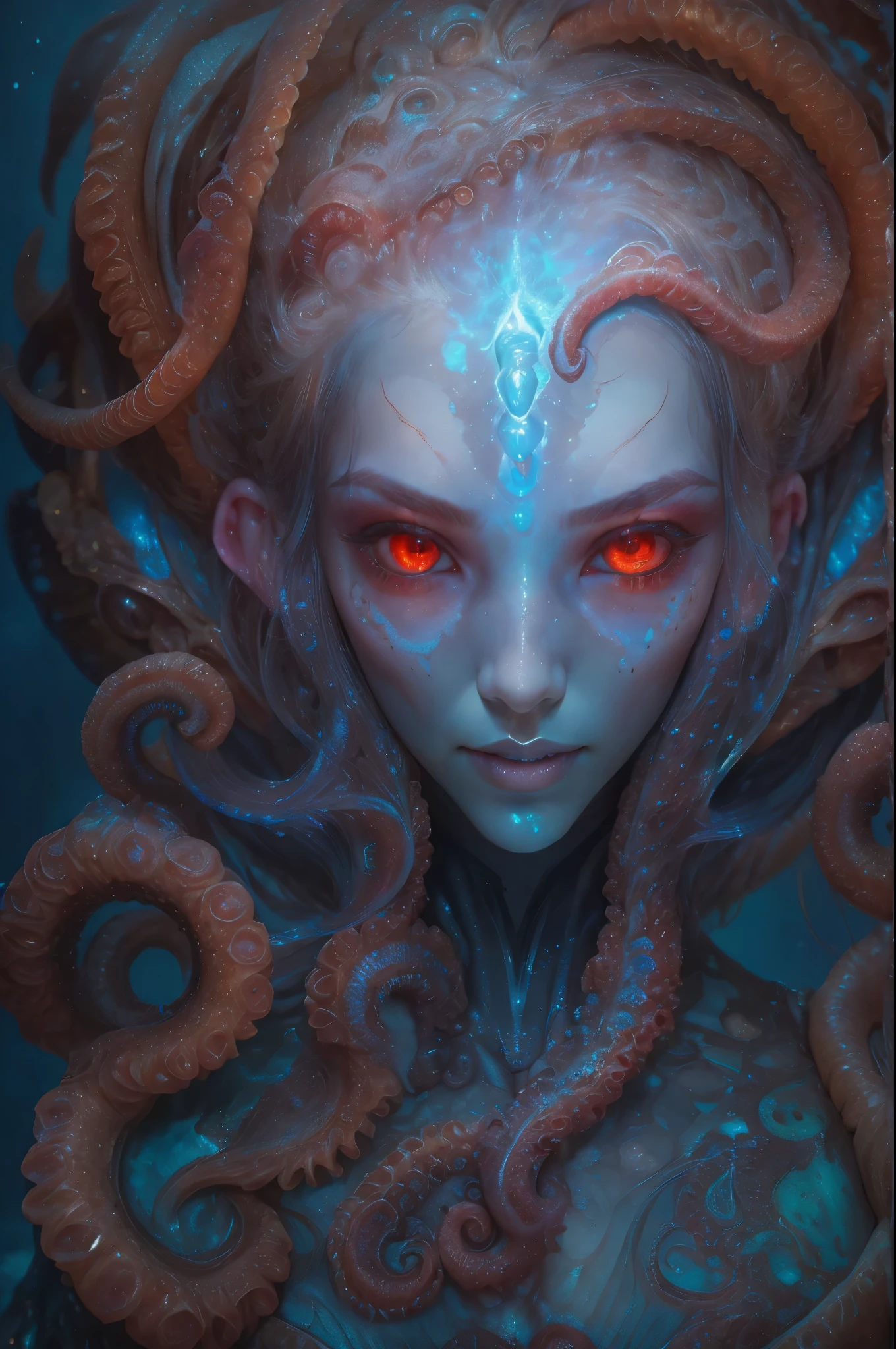 Portrait, (beautiful female alien:1.2), (she has red eyes with no pupils:1.8), (Translucent skin:1.7), (There is a female genital-like organ in the middle of the forehead:1.9), (The most beautiful face in the history of the universe:1.2),an evil gaze that seduces, (large mouth:1.1), (sharp teeth like a vampire:1.2), Full body portrait, (bio luminescent:1.5), (Smile wickedly:1.3), (sexypose:1.5), alien, No humans, cells are fused, (Lots of translucent tentacles:1.3) extraterrestrial, cell, bio image, best quality, 8K,In 4K_quality, High freshness, Dramatic Lighting, masutepiece:1.5,cinematic quality, detail up, (exquisite details:1.2), high resolution, High freshness, drawing faithfully, (Thick eyebrows:1.2), Beautiful eyes with fine symmetry,(Highly detailed face and eyes:1.2), Intimate face, (Super detailed skin quality feeling:1.4), perfect anatomy, (Beautiful toned body:1.5), (Moist skin:1.2), not wearing makeup, (dark circles:1.1), long canines, cinematic drawing of characters, ultra high quality model, cinematic quality, detail up, (exquisite details:1.2), high resolution, High freshness, drawing faithfully, official art, Unity 8K Wall , 8K Portrait, best quality, Very high resolution, ultra detailed artistic photography, midnight aura, unreal engine 5, Ultra Sharp Focus, art by alberto seveso, ArtGerm, Roisch, intricate artwork, best quality, masterpiece, ultra high resolution, (photos realistic:1.4), ultra realistic realism, dream-like, nautilus, Creation of fantasy, Snail, Dream Snail, (biopunk nautilus:1.3),Thrilling color schemes, ultra realistic realism, seductively smiling, Blue tentacles,
