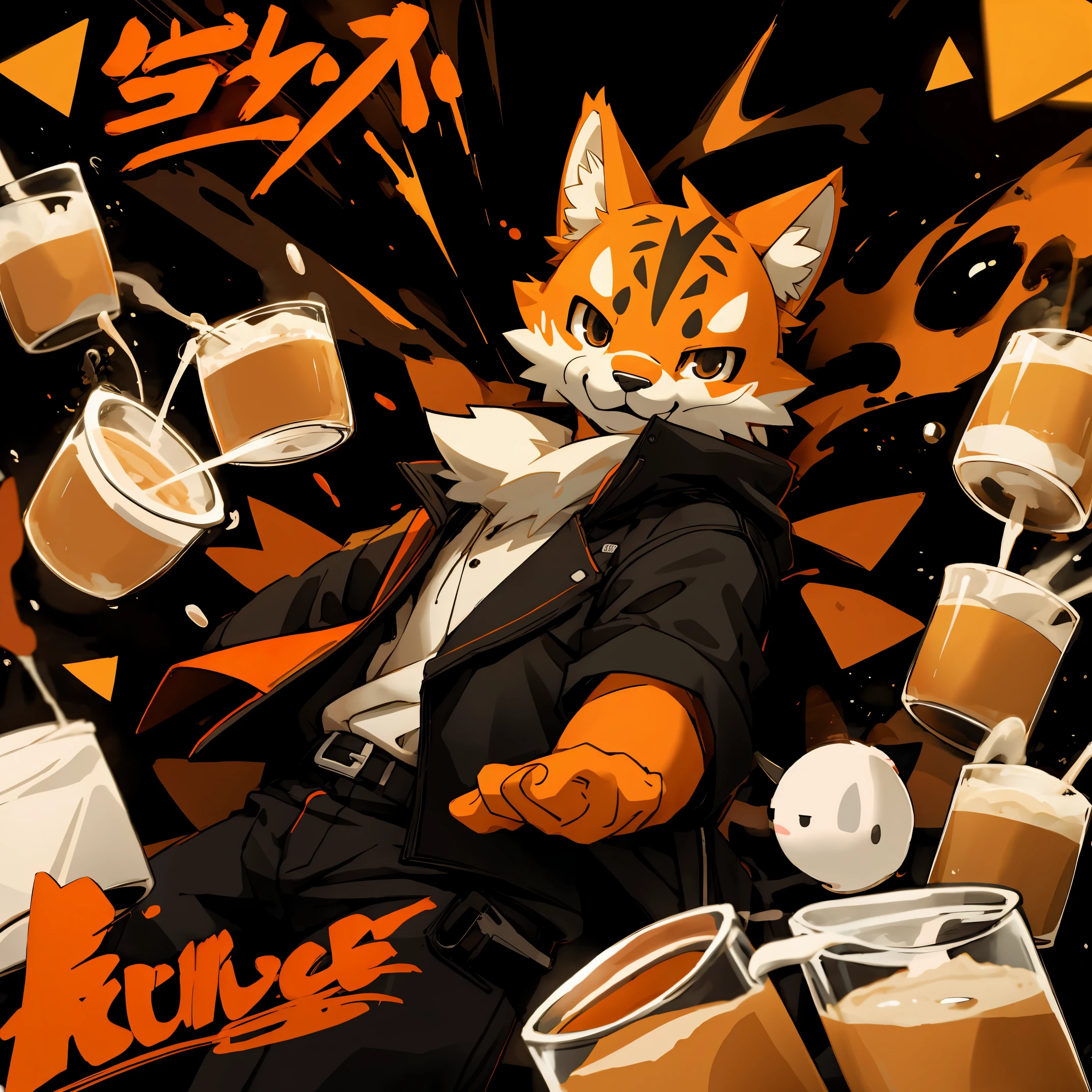 Anthropomorphic character Orange Cat, holding milk tea in hand，look at viewer，black black jacket, mouth mask, bad boy, adolable, Curta, kawaii, 3D drawing, Light smile, hyper HD, Masterpiece, ccurate, High details, High quality, Award-Awarded, Best quality, A high resolution, 16k,rendering by octane,