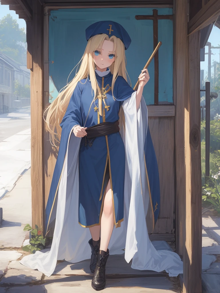 ((Mint Adnade from Tales of phantasia)), 1girl, solo, a priest, 18yo, blond long hair, ((straight hair)), deep blue eyes, Raising bangs, ((Forehead)), blue hat, ((blue long vestment)), have a oak cane, full body shot,