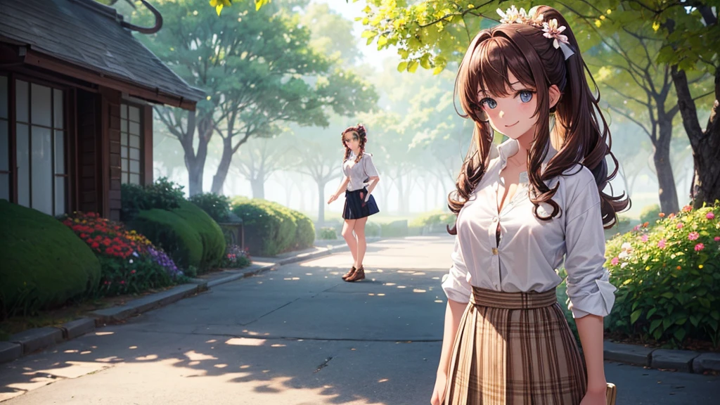 1girl, full body, solo, flowers, trees, brown hair, curly hair, long hair, ponytail, large breasts, button down shirt, ((flower pattern white shirt)), ((unbuttoned shirt)), ((short sleeved shirt)), blue eyes, skirt, smile, looking at the viewer, ((standing)), hair ribbon