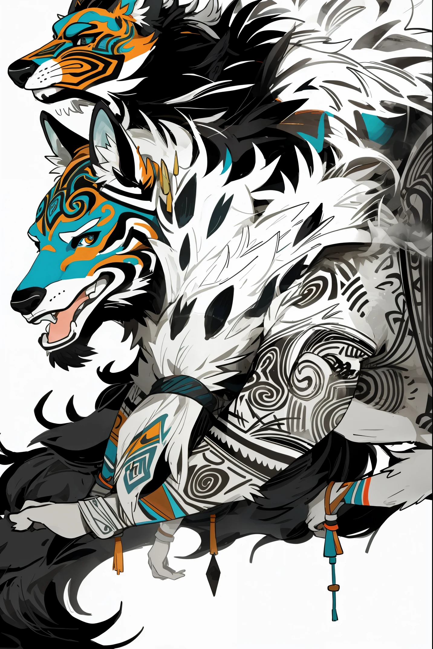 /imagine: Tribal Spirit animals: A t-shirt design inspired by tribal art and folklore, featuring intricately detailed spirit animals such as wolves. The design incorporates geometric patterns and bold linework to create a striking and powerful composition. white background, 8k—with 3:4- -s250