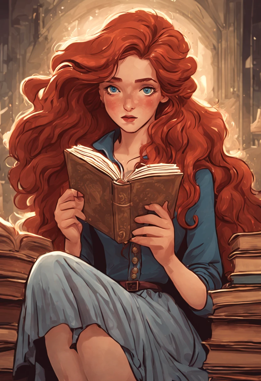 The full body image, reading a book, Susana Claroscuro is a 16-year-old girl with Long and wavy red hair, Blue eyes, and Some freckles on her face, with a vintage style. comic art, ultra-detailed, character design, comic book style, 4k, detailed, high quality, highly detailed, Victorian.