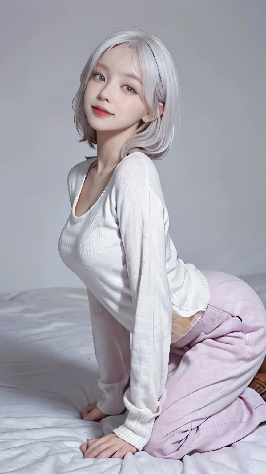 best image quality、RAW photo、ultra high resolution、21 years old Korean、small breasts、dynamic angle、cowboy shot、The most beautiful forms of chaos、elegant、innovative design、Bright colors、beautiful white hair、short bob、smile、glossy white skin、beautiful eyes with random colors、Very beautiful eyes down to the details、thin lips、detailed beautiful eyes、elongated eyes、pale pink cheeks、long eyelashes、beautiful double eyelids、eye shadow、city、big sweater、baggy pants、fold your arms、shot from the side、crawl on all fours、sexy pose、zoom up
