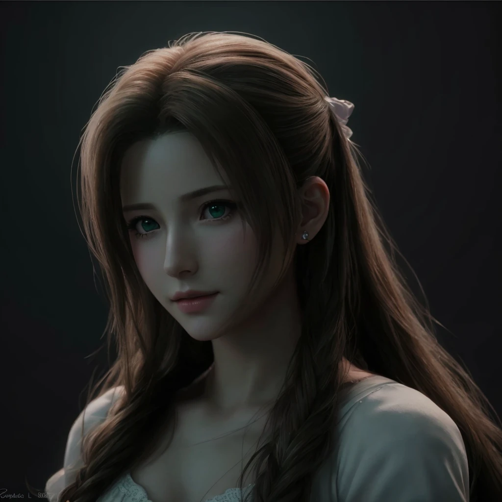 "AERITH" (best quality,4k,highres,masterpiece:1.2),ultra-detailed,realistic,portrait,Aerith,[Final Fantasy 7 Remake],beautiful detailed eyes,perfect face,detailed lips,symmetry,delicate face,delicate body,perfect body,physically-based rendering,vivid colors,studio lighting,green eyes,soft features,gentle expression,flowing hair,sparkling eyes,flawless skin,gorgeous,ethereal atmosphere,subtle makeup,beautifully rendered,textured clothing,graceful pose,aesthetically pleasing,bokeh