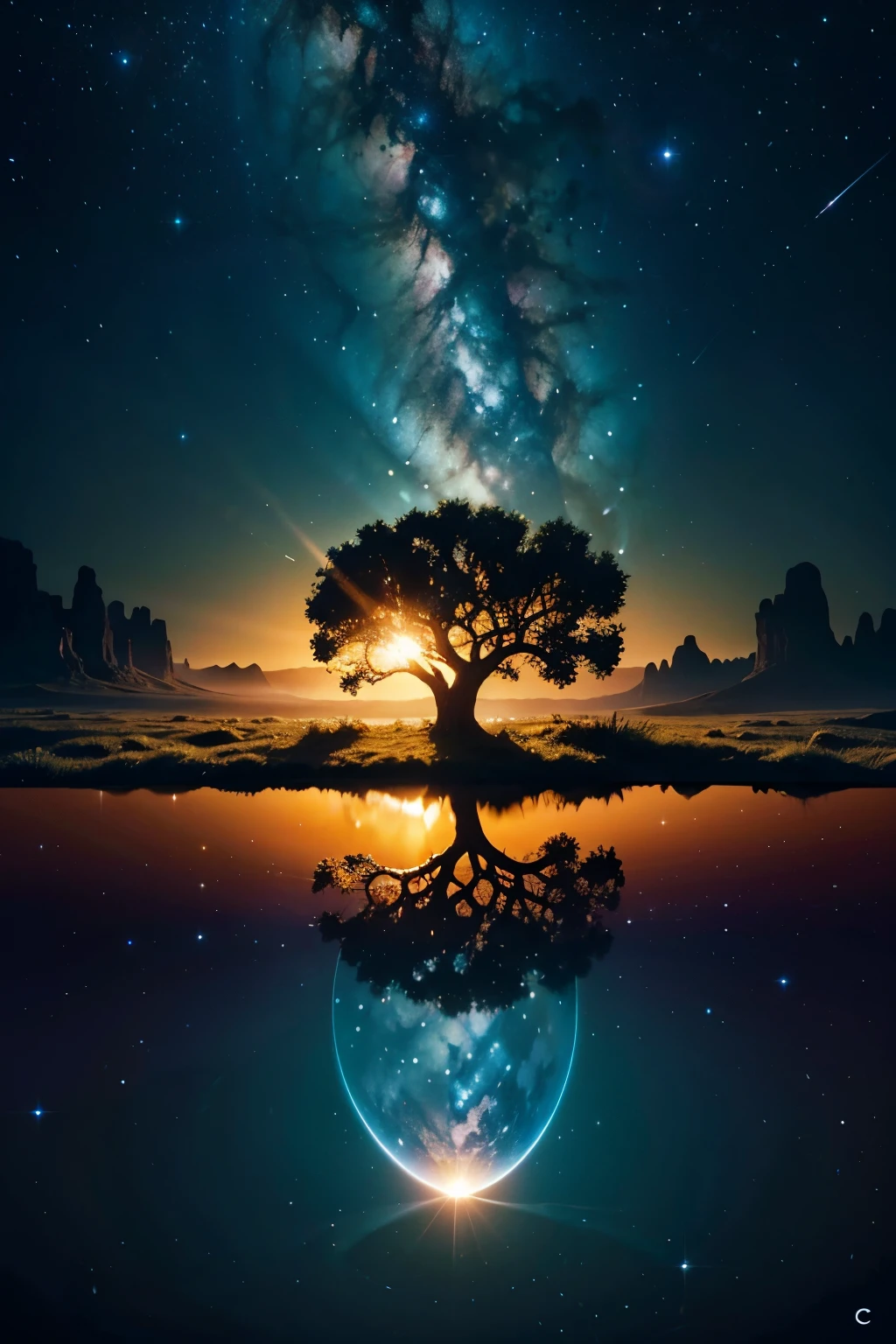 /imagine prompt: color photo of a magnificent planet, adorned with swirling ribbons of cosmic dust, bathed in the warm glow of a sun resembling a human uterus. The ethereal environment stretches into the infinite expanse of the universe, inviting wonder and curiosity. The scene evokes a delicate balance between awe-inspiring and intimate emotions. Capturing this vision requires a digital illustration with soft, glowing textures, inspired by artists like Frida Kahlo, Salvador Dali, and the Surrealist movement. Shot with a high-resolution digital camera, meticulous attention is given to lighting and composition. The focal point is a distorted fetus floating in the cosmic expanse, symbolizing the mysteries of life and the universe. Adding a 3D perspective, reminiscent of a Terrence Malick scene in "Tree of Life," enhances the depth and immersive nature of the photograph. In the bottom of the planet, a glowing olive tree stands as a beacon of life and resilience. The image blurs the boundaries between fantasy and reality, transporting viewers to a realm where the extraordinary coexists with the familiar. —c 10 —ar 2:3