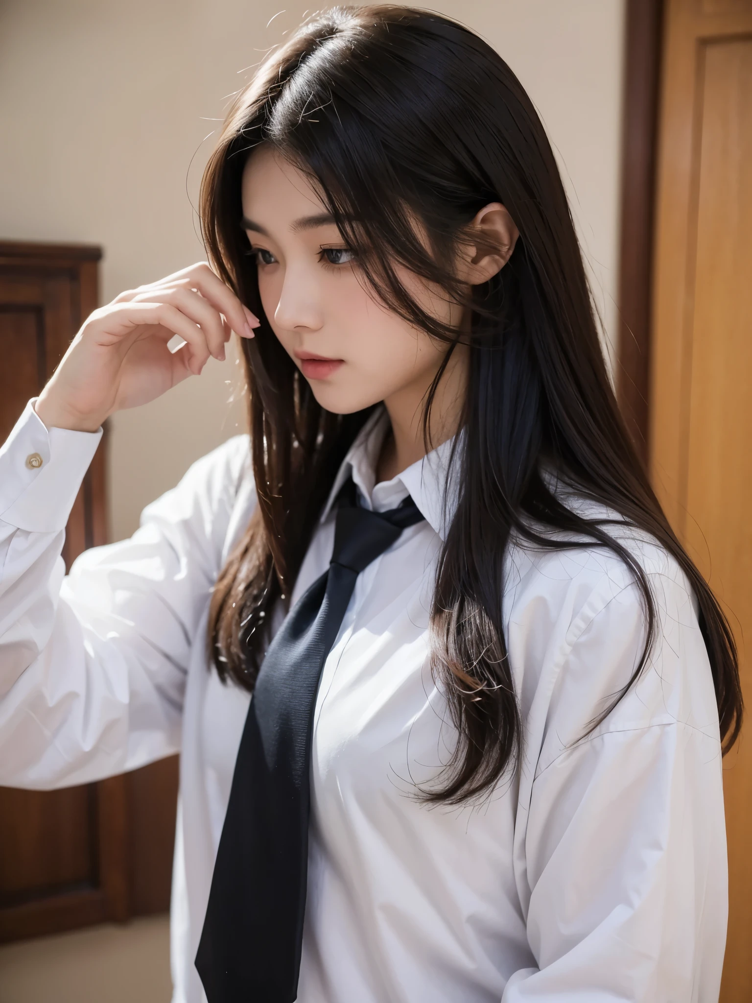 boy, 17 y.o, handsome, comma hair, long-sleeved shirt, tie, high school