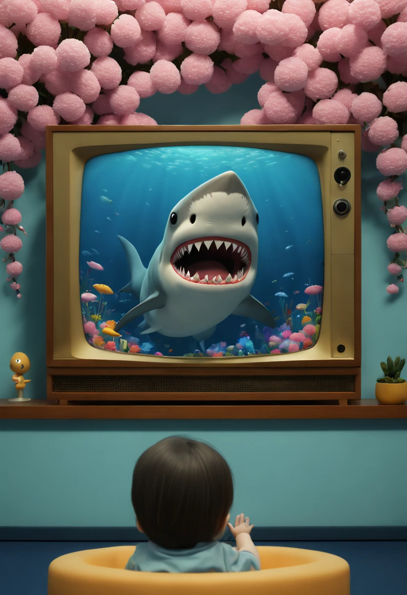 cartoon style, a (shark_cub) with nightcap, underwater living room, television show, chibi, best quality, masterpiece, 8k