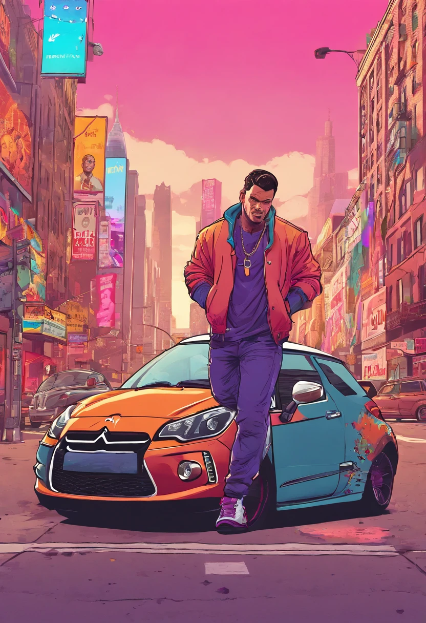 un jeune homme brun bien coiffé qui conduit une citroen ds3 viollette dans les rues de new york, realistique, gta style, 8k