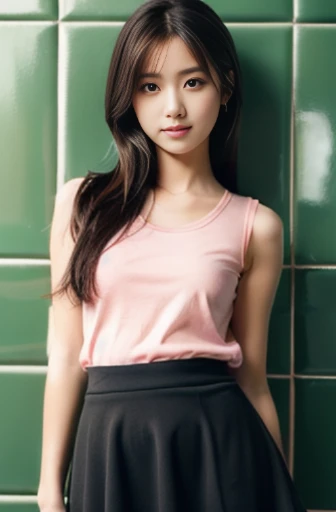 Momoko&#39;s pink color,(((masterpiece))),((stand Upright)),(((whole body))),(tulle skirt),((detailed face)),(Photographed at eye level),(one person,girl,beautiful girl,beautiful,15 years old,cute,cute,innocence,transparent skin,eyesight), ((Skinny body,slender,thin waist)),ultra high resolution, reality, Super detailed, highest quality, very detailed,(detailed eyes,black),pink tile room,bright lighting