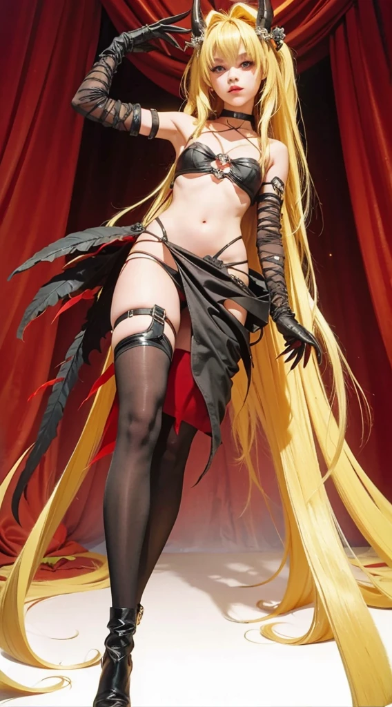 DarknessLora, blonde hair, red eyes, very long hair, horns, claws, choker, hair intakes, loincloth, ((bottom perspective))