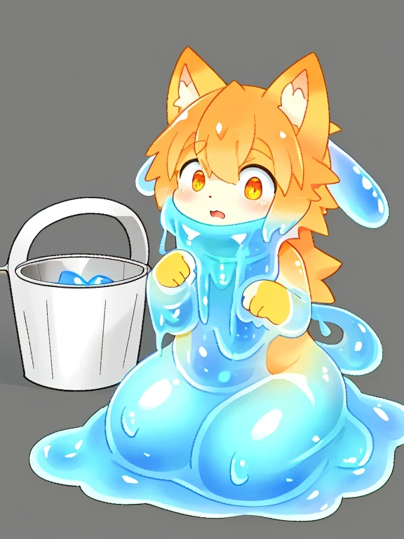 A male light orange cub，Only the head  exposed in a bucket 充满银色slime，被slime覆盖，slime，light orange cuollars，被slime覆盖，Fell（（充满银色slime）），kneeling，拿银色slime倒在脸上