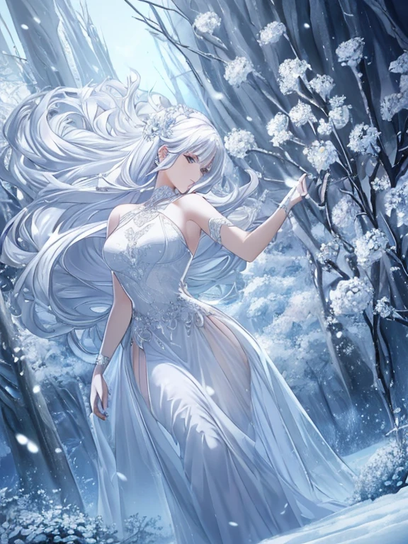 Paradise in Heaven, White lighting,(muste piece), (best quality), (cinematic), 8K, (art station),(長いwhite hairとSilvery eyesを持つ1人の女), (beautiful delicate face)、[Frozen trees々], [landscape crystal], [lighting], [Ethereal Atmosphere:1.1], [fantasy, short story] ,[soft なlighting] 、(+cinematic shot:1.2)、 [+art station] 、[+luminous white background] 、 [soft glow] 、(Creative and dynamic angles:1.3), [+Crystal Toning] 、muste piece, very detailed, Super detailed, solo, (pale skin), Silvery eyes, white hair, (snow background), (snowflake rosen flower:1.0), (shining crystal), (Snowy ground), (White lashes), sexy woman、dreamy and detailed, Gorgeous setting, 妖しい雰囲気 muste piece, The most beautiful scenes, majestic、(((full of white flowers)))、quiet and serene atmosphere、attractive, all white tones,Inside the crystal library,Transparent flowers and falling snow，Many white roses are planted,(water flowing,waterfall,water bloom),The decoration is also carefully done.,dream（very detailedです，creative design，crisp and precise lines，K HD，best quality，master piece，超High resolution，In 4K）、Diverse poses、((beautiful white flower hair ornament))、beautiful hairstyle、(best quality, In 4K, 8K, High resolution, muste piece:1.2), Super detailed, detailed expression, graceful posture, expressive brush strokes, mysterious atmosphere, artistic interpretation,Delicate floral jewelry， (((Detailed design、beautiful lace transparent dress、see-through small dress)))、(SFW:1.5), (oversized breasts, best body proportions, proportions of large breasts,:1.5),(white decoration on thigh)、((Beautiful crystal accessories on the legs))。((Beautiful crystal accessories on the arm))