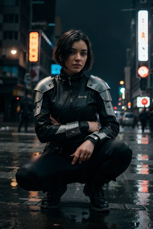   Eskimo girl, damsel in distress, genuine, raining, outdoor, short hair, layered hair, futuristic, cyberpunk, extreme cold, full body armor, crouching, one hand holding weapon