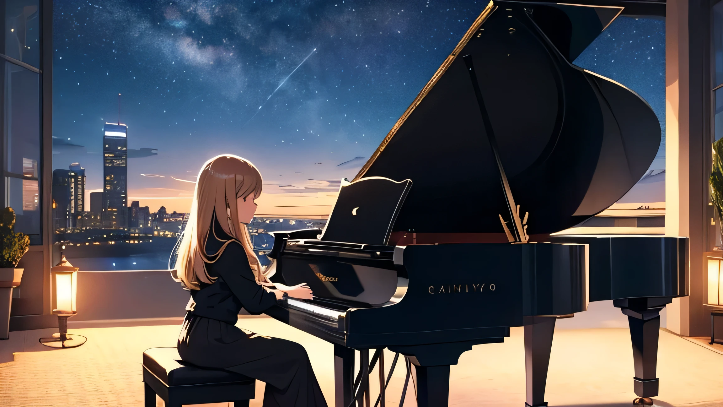 girl playing the piano under the night sky