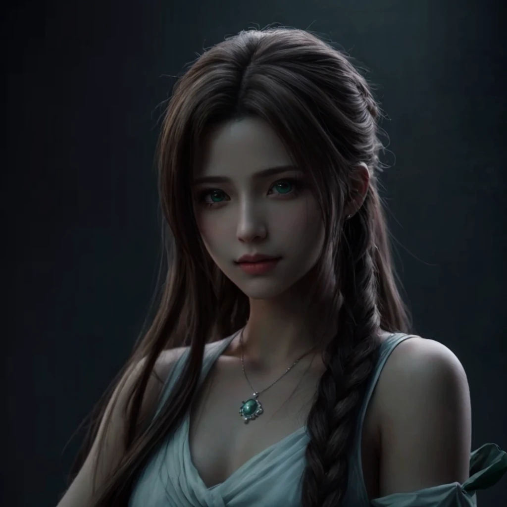 "AERITH" (best quality,4k,highres,masterpiece:1.2),ultra-detailed,realistic,portrait,Aerith,[Final Fantasy 7 Remake],beautiful detailed eyes,perfect face,detailed lips,symmetry,delicate face,delicate body,perfect body,physically-based rendering,vivid colors,studio lighting,green eyes,soft features,gentle expression,flowing hair,sparkling eyes,flawless skin,gorgeous,ethereal atmosphere,subtle makeup,beautifully rendered,textured clothing,graceful pose,aesthetically pleasing,bokeh