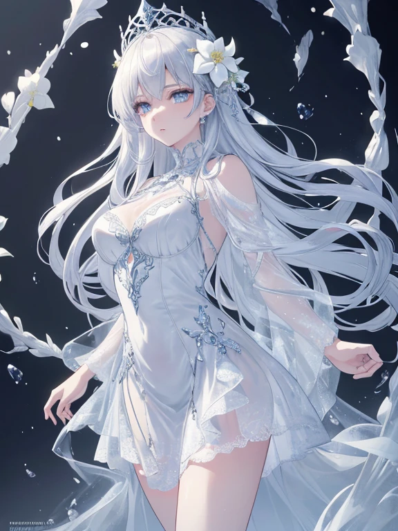 Paradise in Heaven, White lighting,(muste piece), (best quality), (cinematic), 8K, (art station),(長いwhite hairとSilvery eyesを持つ1人の女), (beautiful delicate face)、[Frozen trees々], [landscape crystal], [lighting], [Ethereal Atmosphere:1.1], [fantasy, short story] ,[soft なlighting] 、(+cinematic shot:1.2)、 [+art station] 、[+luminous white background] 、 [soft glow] 、(Creative and dynamic angles:1.3), [+Crystal Toning] 、muste piece, very detailed, Super detailed, solo, (pale skin), Silvery eyes, white hair, (snow background), (snowflake rosen flower:1.0), (shining crystal), (Snowy ground), (White lashes), sexy woman、dreamy and detailed, Gorgeous setting, 妖しい雰囲気 muste piece, The most beautiful scenes, majestic、(((full of white flowers)))、quiet and serene atmosphere、attractive, all white tones,Inside the crystal library,Transparent flowers and falling snow，Many white roses are planted,(water flowing,waterfall,water bloom),The decoration is also carefully done.,dream（very detailedです，creative design，crisp and precise lines，K HD，best quality，master piece，超High resolution，In 4K）、Diverse poses、((beautiful white flower hair ornament))、beautiful hairstyle、(best quality, In 4K, 8K, High resolution, muste piece:1.2), Super detailed, detailed expression, graceful posture, expressive brush strokes, mysterious atmosphere, artistic interpretation,Delicate floral jewelry， (((Detailed design、beautiful lace transparent dress、see-through small dress)))、(SFW:1.5), (oversized breasts, best body proportions, proportions of large breasts,:1.5),(white decoration on thigh)、((Beautiful crystal accessories on the legs))。((Beautiful crystal accessories on the arm))