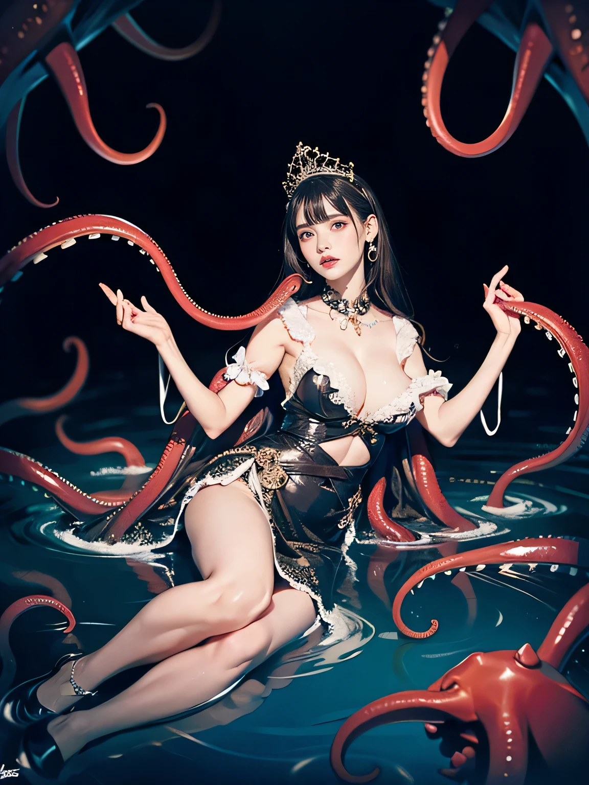 8K quality, anatomically correct limbs and fingers (big breasts: 1.3), (hands hidden behind body), surrounded by a large number of tentacles, vaguely glowing tentacles, looks like oil is applied from the neck down A wet body (breasts facing upwards), flushed cheeks, black bangs, tentacles in a puddle (a shallow, dark cave), breasts being rubbed by tentacles, medium-long straight black hair, legs spread by tentacles. , a woman wearing a tiara, sexy lace underwear, various accessories (jewels scattered at the bottom of a puddle), a torn blouse, a toned body, a thin waist, a translucent octopus, a huge semicircle wrapped around her body. Transparent tentacles, (tentacles that cover the background), (tentacles that stick to the body), (tentacles that grab limbs), (bondage: 1. 2), surrealism, ray tracing, cinematic lighting, Sony FE GM, backlighting, masterpiece , 1girl,