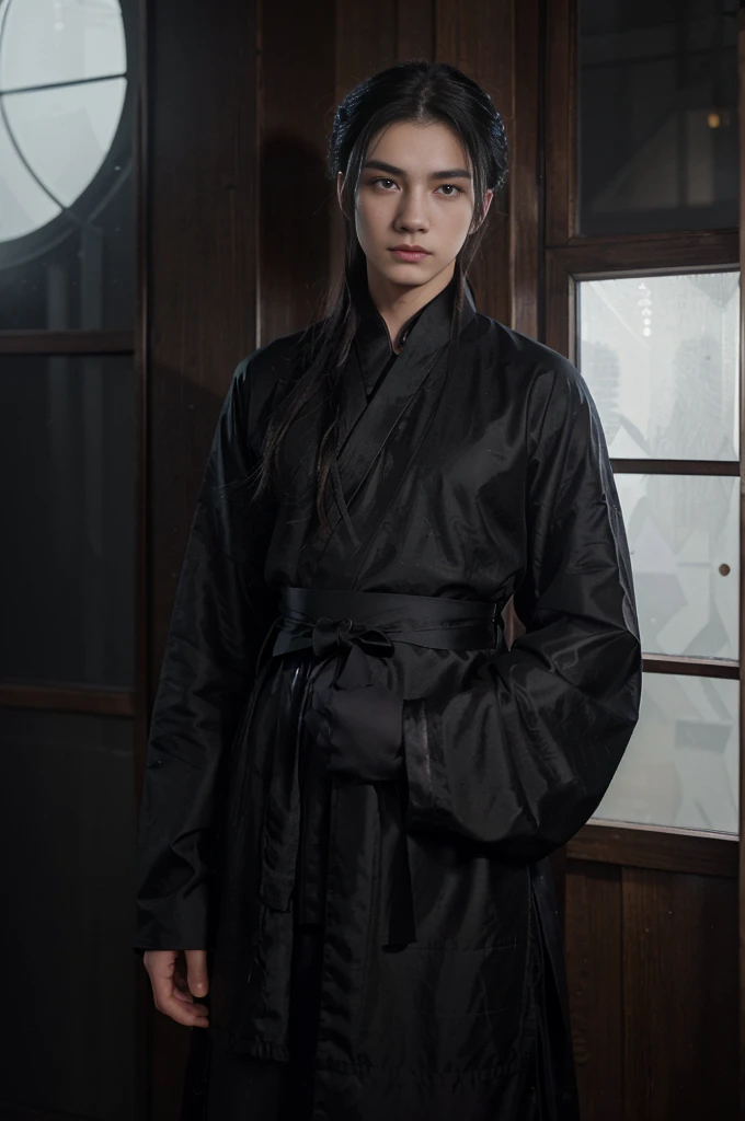 a 22 years-old cool male, (male), (wearing black hanfu), ((noctambulant clothes)), calm and cold atmosphere, (bright eyes), (cold eyes), gradient eyes, anime, reflection light, ray tracing, depth of field, (cowboy shot), cinematic lighting, masterpiece, best quality, high details, highres, HD, 1080P