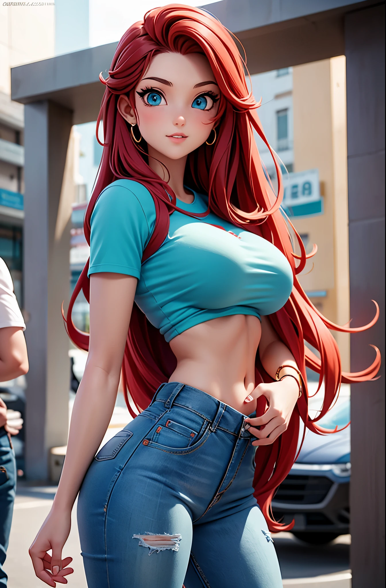 21 years old woman , long and smooth red tone hair, bright and expressive blue eyes, she opted for worn jeans, a mint color tietshirt, big boobs, nsfw, big ass, big hip