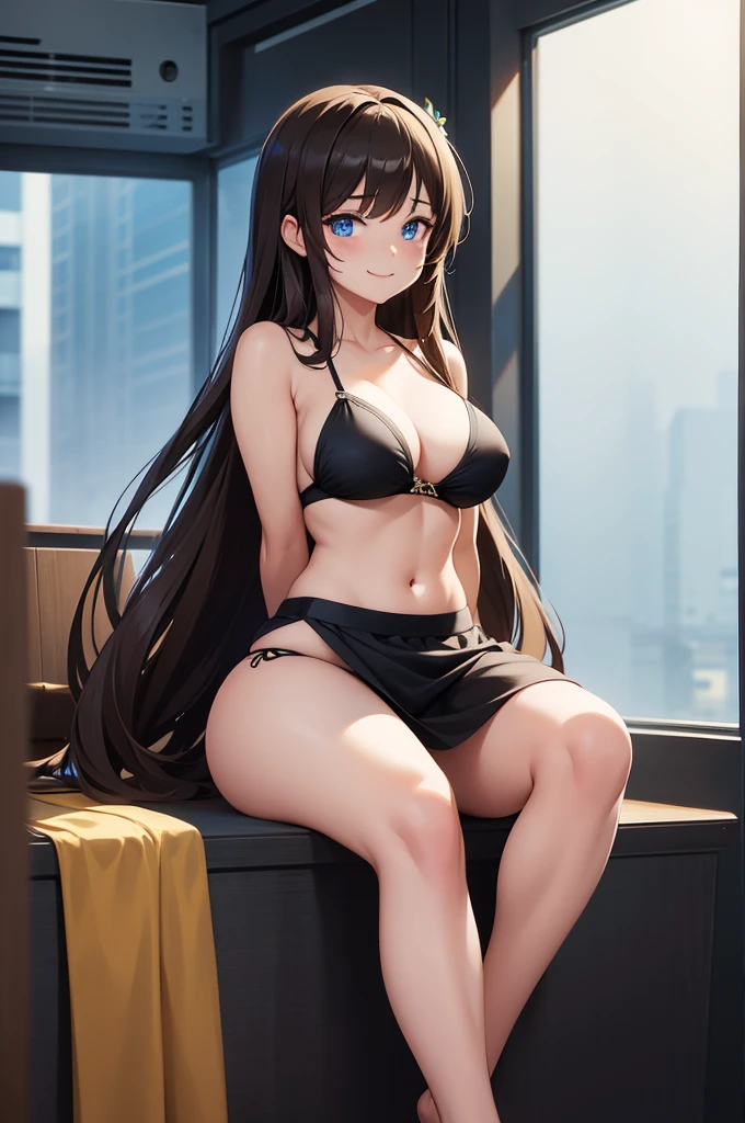 one Rebecca wearing a black bikini, sitting with feet in front of her, one bare foot and one socked foot, long brown hair, blue eyes, smiling contently, [ 4 k digital art ]!!, seductive anime girl, deviantart artstation cgscosiety, trending on cgstation, 8k high quality detailed art, photorealistic anime girl render, kawaii hq render, commission for high res, thicc
