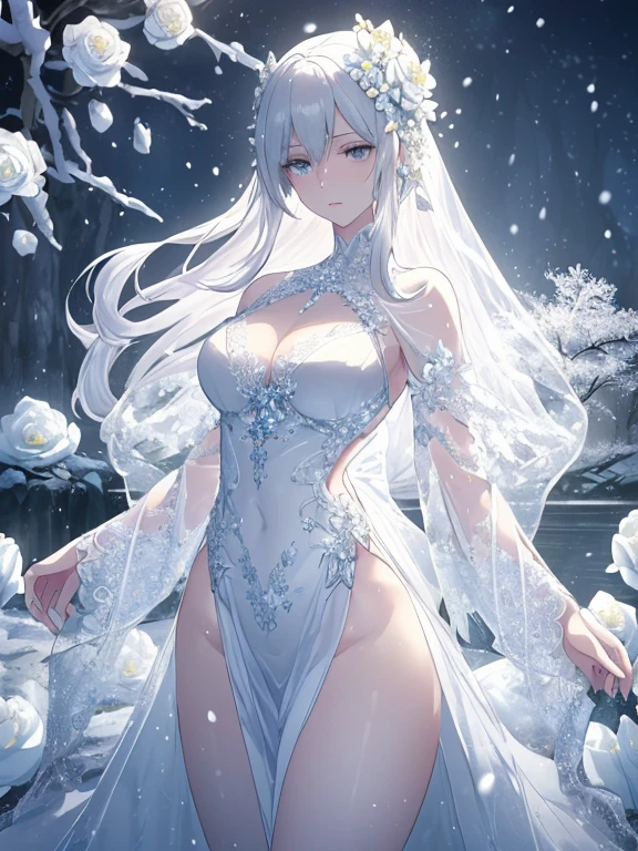 Paradise in Heaven, White lighting,(muste piece), (best quality), (cinematic), 8K, (art station),(長いwhite hairとSilvery eyesを持つ1人の女), (beautiful delicate face)、[Frozen trees々], [landscape crystal], [lighting], [Ethereal Atmosphere:1.1], [fantasy, short story] ,[soft なlighting] 、(+cinematic shot:1.2)、 [+art station] 、[+luminous white background] 、 [soft glow] 、(Creative and dynamic angles:1.3), [+Crystal Toning] 、muste piece, very detailed, Super detailed, solo, (pale skin), Silvery eyes, white hair, (snow background), (snowflake rosen flower:1.0), (shining crystal), (Snowy ground), (White lashes), sexy woman、dreamy and detailed, Gorgeous setting, 妖しい雰囲気 muste piece, The most beautiful scenes, majestic、(((full of white flowers)))、quiet and serene atmosphere、attractive, all white tones,Inside the crystal library,Transparent flowers and falling snow，Many white roses are planted,(water flowing,waterfall,water bloom),The decoration is also carefully done.,dream（very detailedです，creative design，crisp and precise lines，K HD，best quality，master piece，超High resolution，In 4K）、Diverse poses、((beautiful white flower hair ornament))、beautiful hairstyle、(best quality, In 4K, 8K, High resolution, muste piece:1.2), Super detailed, detailed expression, graceful posture, expressive brush strokes, mysterious atmosphere, artistic interpretation,Delicate floral jewelry， (((Detailed design、beautiful lace transparent dress、see-through small dress)))、(SFW:1.5), (oversized breasts, best body proportions, proportions of large breasts,:1.5),(white decoration on thigh)、((Beautiful crystal accessories on the legs))。((Beautiful crystal accessories on the arm))