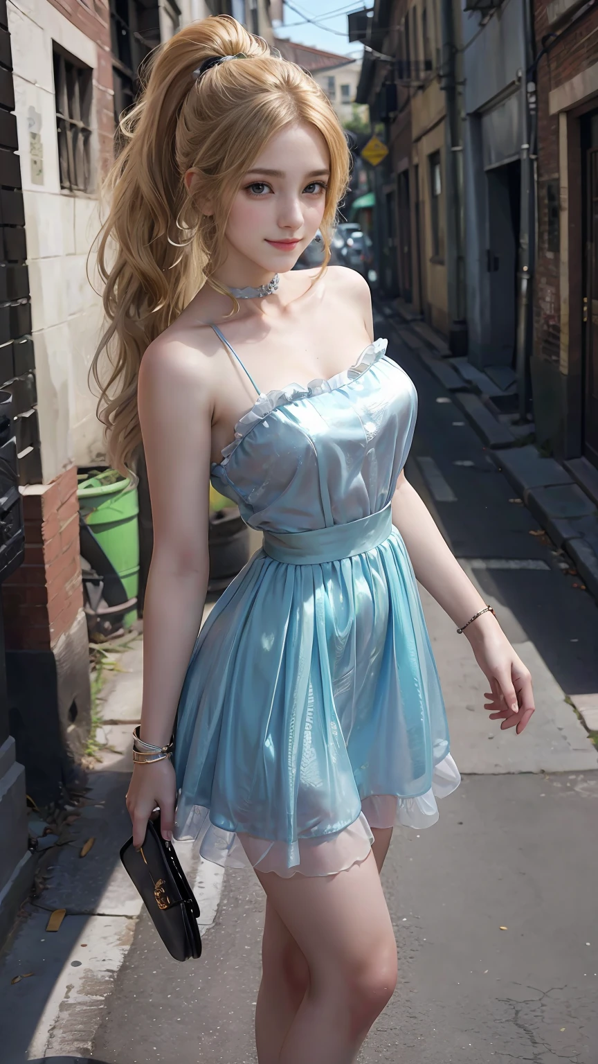 22 year old white female、hair color is blonde、eye color is blue、long hair、setting hair、Have a ponytail、accessories on wrist、I&#39;m wearing a choker、skin is smooth、smile、Slender but muscular body、My heart is pounding、high resolution、Skin is shiny、Wearing a princess dress、wearing high heels、I&#39;m in an alley in the old town、smile、hugging a streetlight